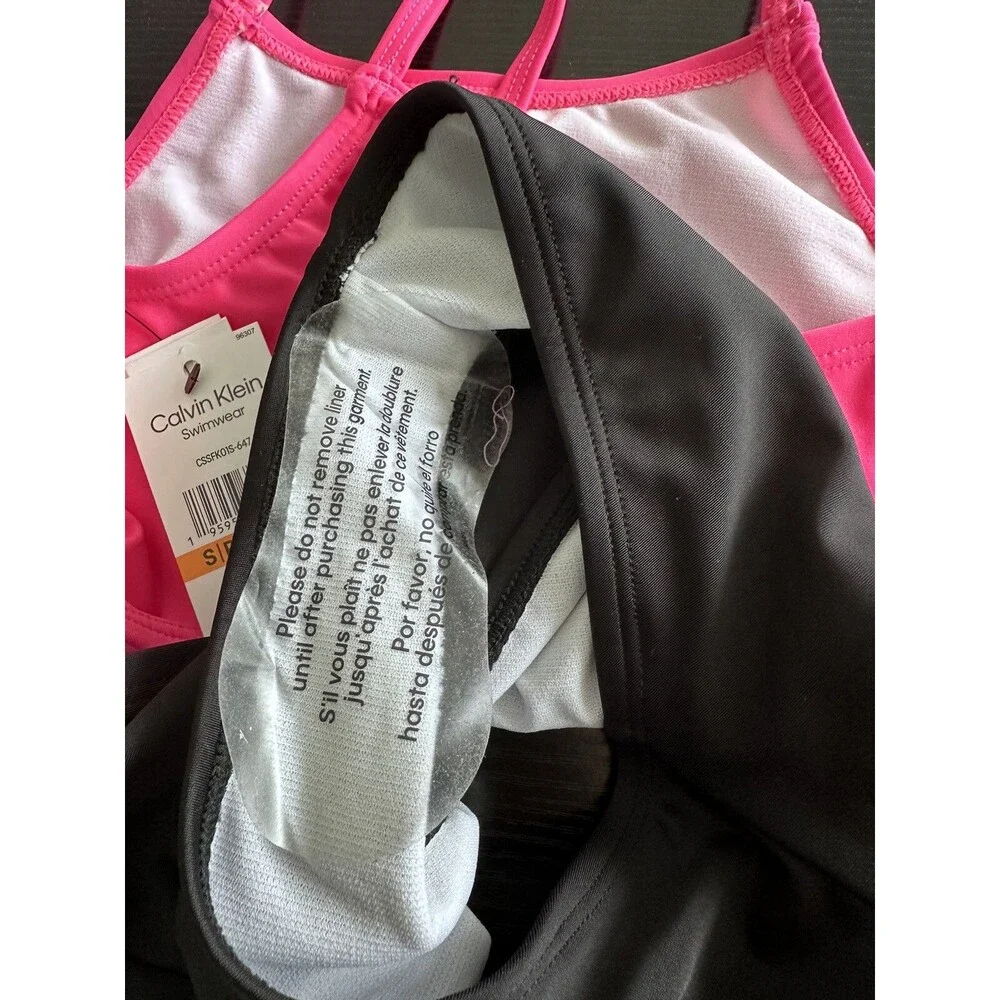 Calvin Klein Big Girls Cutout Color Block Bikini Swimsuit One Piece Pink Black 7